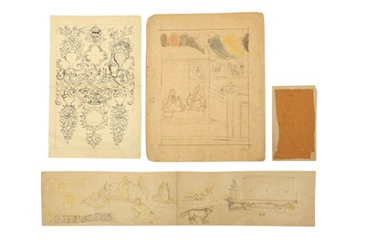 Lot 275 - A GROUP LOT OF INCOMPLETE INDIAN PAINTINGS, SKETCHES, PREPARATORY AND TINTED DRAWINGS