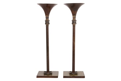 Lot 425 - A PAIR OF CONTEMPORARY BRONZED STEEL PRICKET CANDLESTICKS