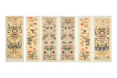 Lot 740 - A GROUP OF SIX CHINESE EMBROIDERED HANGING SCROLLS