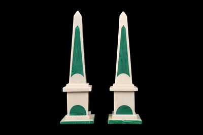 Lot 413 - A PAIR OF WHITE MARBLE AND MALACHITE OBELISKS