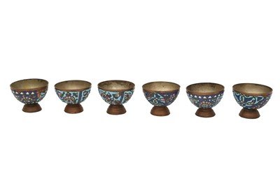 Lot 477 - A SYRIAN POLYCHROME-ENAMELLED COPPER COFFEE SET