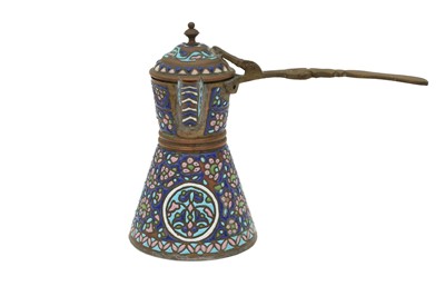 Lot 477 - A SYRIAN POLYCHROME-ENAMELLED COPPER COFFEE SET