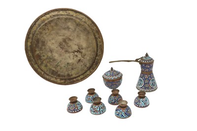 Lot 477 - A SYRIAN POLYCHROME-ENAMELLED COPPER COFFEE SET