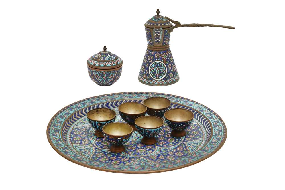 Lot 477 - A SYRIAN POLYCHROME-ENAMELLED COPPER COFFEE SET