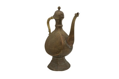 Lot 309 - AN ENGRAVED BRASS SPOUTED EWER WITH BLACK LAC INLAY
