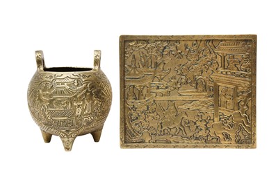 Lot 292 - A CHINESE BRONZE INCENSE BURNER AND A TRAY