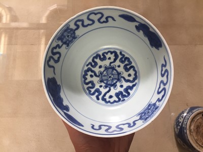 Lot 30 - A CHINESE BLUE AND WHITE BOWL AND AN INKSTONE