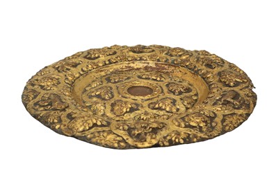 Lot 307 - A GILT COPPER (TOMBAC) SERVING DISH WITH REPOUSSÉ ANIMAL MOTIFS