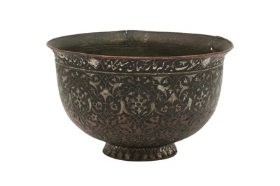 Lot 341 - A TINNED COPPER BOWL WITH BLACK LAC INLAY
