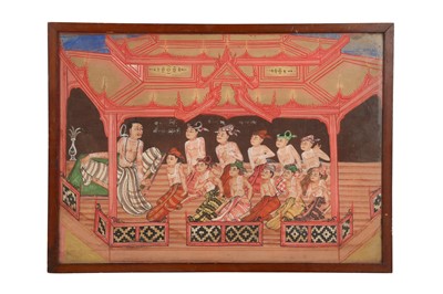 Lot 748 - A BURMESE PAINTING OF A TEACHER AND STUDENTS.