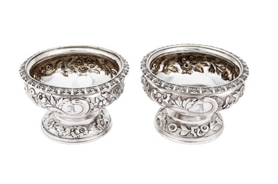 Lot 605 - A closely matched pair of George IV / William IV sterling silver salts, London 1824 by messrs Lias and London 1834 by Charles Riley and George Storer