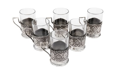 Lot 139 - A set of six Persian (Iranian) unmarked silver tea glass holders, Isfahan circa 1960