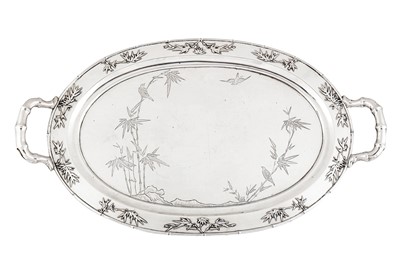 Lot 416 - A late 19th / early 20th century Chinese Export unmarked silver twin handled tray, Canton circa 1900