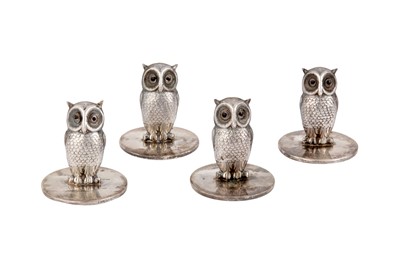 Lot 111 - A CASED SET OF FOUR GEORGE VI STERLING SILVER NOVELTY MENU HOLDERS, LONDON 1938 BY SAMPSON MORDAN AND CO