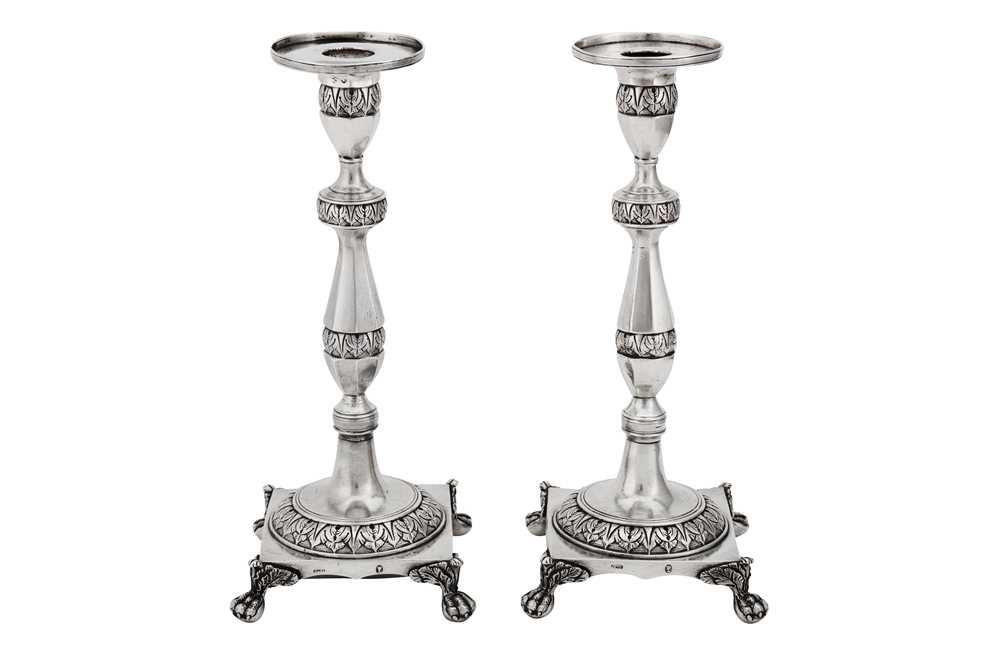 Lot 503 - A pair of early 19th century Portuguese silver candlesticks, Lisbon circa 1815 by Joaquin Prudêncio Vital Dinis (reg. 1812)