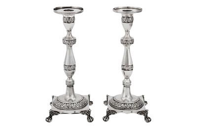 Lot 503 - A pair of early 19th century Portuguese silver candlesticks, Lisbon circa 1815 by Joaquin Prudêncio Vital Dinis (reg. 1812)