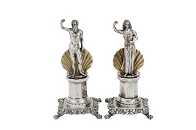 Lot 505 - A pair of mid-19th century Portuguese parcel gilt silver toothpick holders, Porto circa 1860 by APC script possibly for Antonio Pereira de Castro