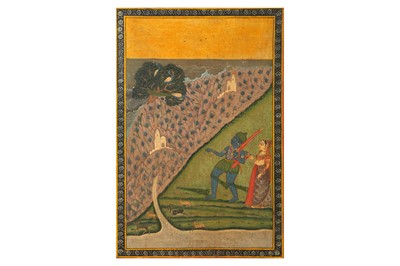 Lot 218 - A LOOSE ILLUSTRATION FROM A RAGAMALA SERIES: A FOREST-DWELLER CATCHING PEACOCKS