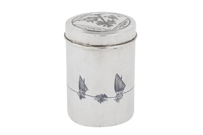 Lot 432 - A mid - 20th century Iraqi silver and niello jar or cannister, Omara or Basra 1940-41