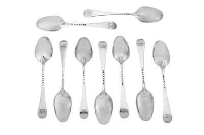 Lot 527 - A set of nine George III sterling silver dessert spoons, London 1759 by Paul Callard (reg. 8th Jan 1752)