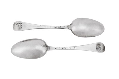 Lot 525 - A pair of George II West Country provincial sterling silver tablespoons, Exeter probably 1743 by RM Crowned (unidentified, Harrison 243)