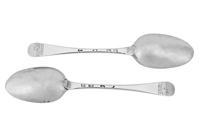 Lot 523 - A pair of George II sterling silver tablespoons, London 1735 by Richard Scarlett