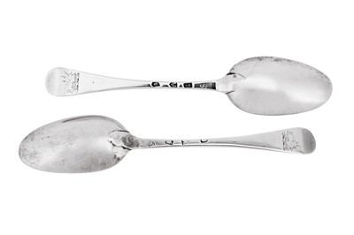 Lot 524 - A pair of George II sterling silver tablespoons, London 1735 by Henry Greene (this mark reg. 12 July 1720)