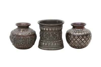 Lot 255 - A TANJORE SILVER-INLAID COPPER VASE AND TWO LOTAS