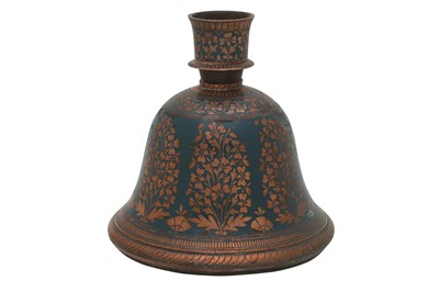 Lot 205 - AN INDIAN COPPER HUQQA BASE WITH BLACK LAC INLAY