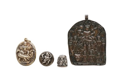 Lot 223 - A MISCELLANEOUS GROUP OF THREE DEVOTIONAL PENDANTS AND A THIMBLE