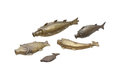 Lot 379 - FIVE FISH-SHAPED BRASS CONTAINERS