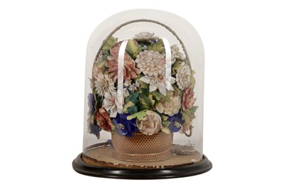 Lot 684 - VICTORIAN SHELL WORK FLOWERS UNDER GLASS DOME