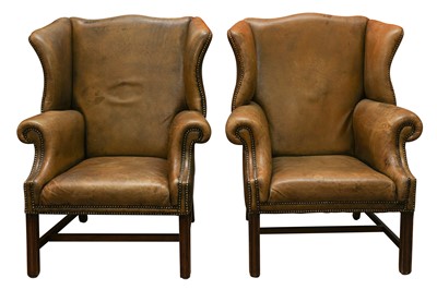 Lot 222 - PAIR OF GREEN LEATHER WING BACK ARMCHAIRS 19TH CENTURY