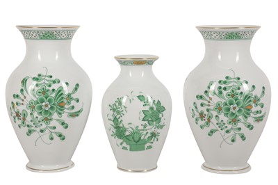 Lot 104 - THREE HEREND GREEN DECORATED VASES