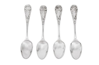 Lot 530 - A set of four George II / III sterling silver ‘picture front’ teaspoons, London circa 1760 by James Tookey (reg. 11th May 1750)