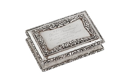 Lot 324 - A William IV sterling silver snuff box, Birmingham 1834 by Nathaniel Mills