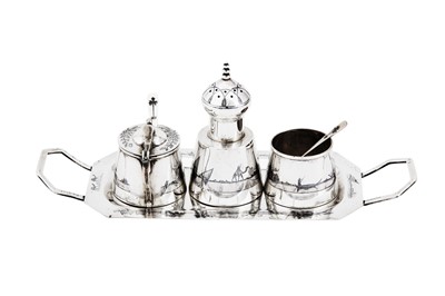 Lot 434 - An early 20th century Iraqi silver and niello cruet on tray, Omara circa 1930