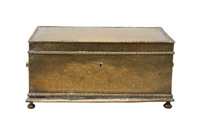 Lot 355 - AN ENGRAVED BRASS BOX WITH FLORAL MOTIFS