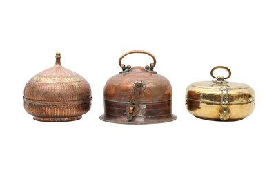 Lot 216 - A SOUTH ASIAN FAMILY'S HEIRLOOM: THREE TRADITIONAL COPPER ALLOY FOOD CONTAINERS