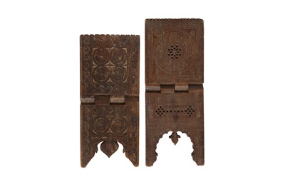 Lot 399 - TWO CARVED AND ENGRAVED WOODEN QUR'AN STANDS