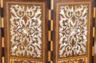 Lot 505 - λ A HARDWOOD MOTHER-OF-PEARL AND STAINED WOOD-INLAID ORIENTALIST MIRROR CABINET