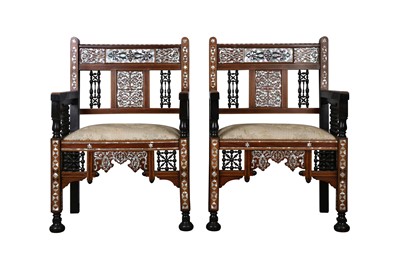 Lot 503 - λ A PAIR OF HARDWOOD MOTHER-OF-PEARL AND EBONY-INLAID ARMCHAIRS