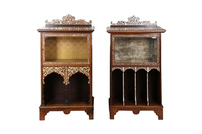 Lot 510 - λ A NEAR PAIR OF HARDWOOD MOTHER-OF-PEARL-INLAID OTTOMAN-REVIVAL ORIENTALIST DISPLAY CABINETS