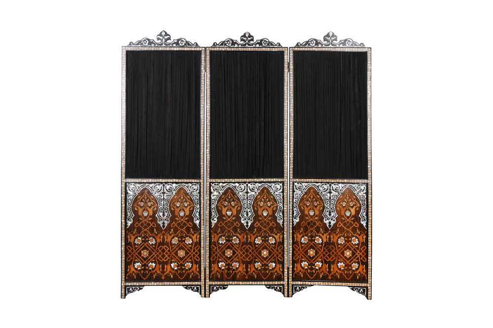 Lot 509 - λ A HARDWOOD EBONY AND MOTHER-OF-PEARL-INLAID OTTOMAN-REVIVAL ORIENTALIST SCREEN