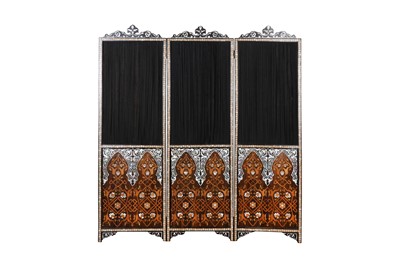 Lot 509 - λ A HARDWOOD EBONY AND MOTHER-OF-PEARL-INLAID OTTOMAN-REVIVAL ORIENTALIST SCREEN