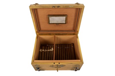 Lot 70 - BRASS AND CABOCHON HUMIDOR WITH CIGARS