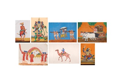 Lot 291 - SEVEN MICA PAINTINGS OF HINDU DEITIES AND PEOPLE OF INDIA