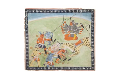 Lot 286 - AN ILLUSTRATION FROM A DEVI MAHATMYA SERIES: DURGA FIGHTING A GROUP OF DEMONS