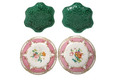 Lot 95 - A PAIR OF GREEN MAJOLICA WEDGWOOD CABBAGE LEAF PLATES, 19TH CENTURY
