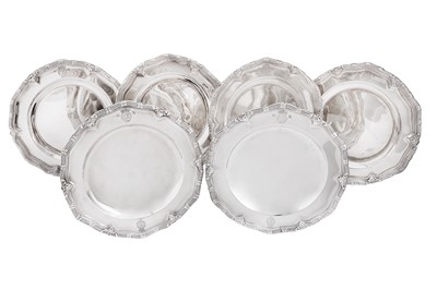 Lot 680 - Royal Ambassadorial – A set of six George II sterling silver dinner plates, London 1755 by William Cripps